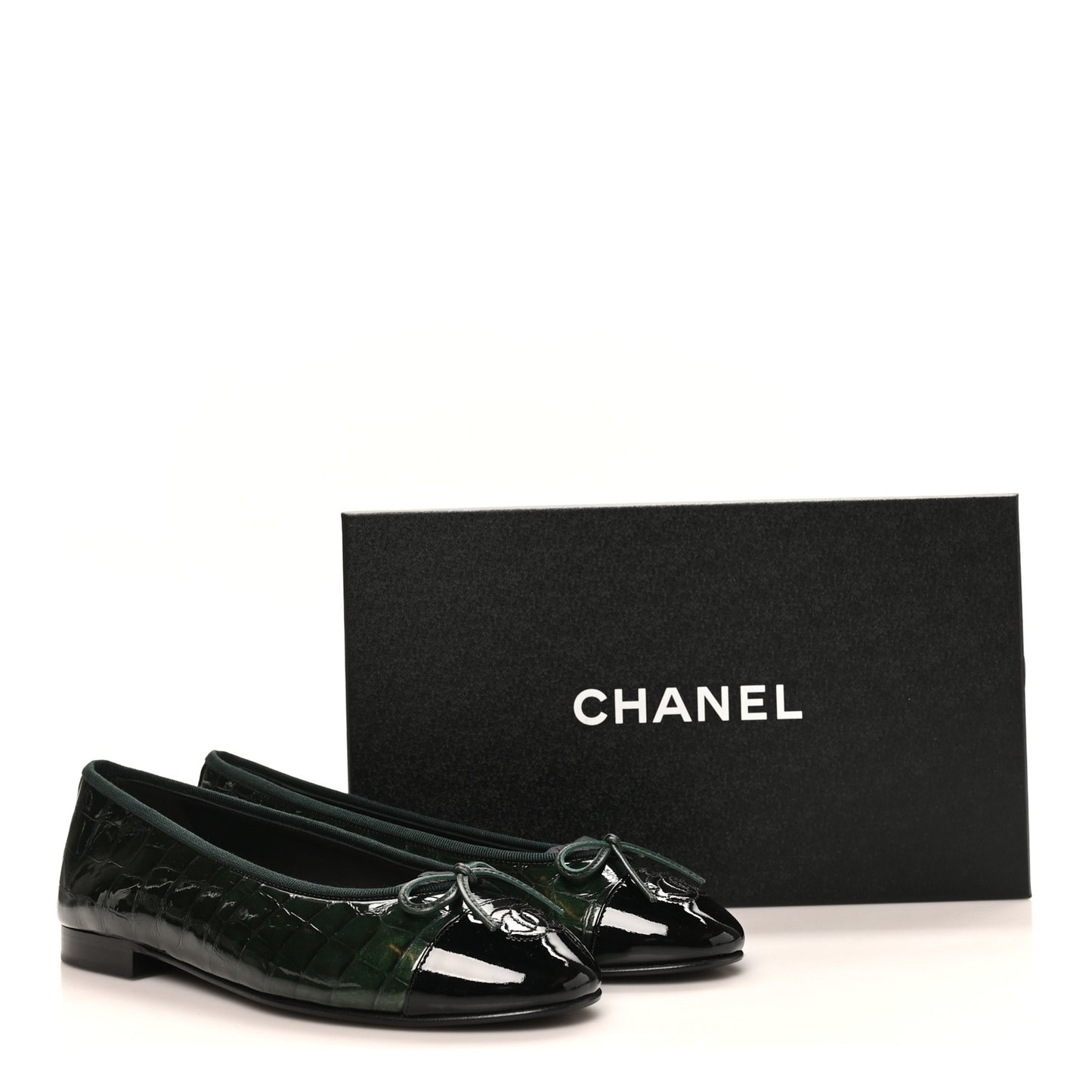 Crocodile Embossed Patent Calfskin Cap Toe CC Ballerina Flats 38 Dark Green Black