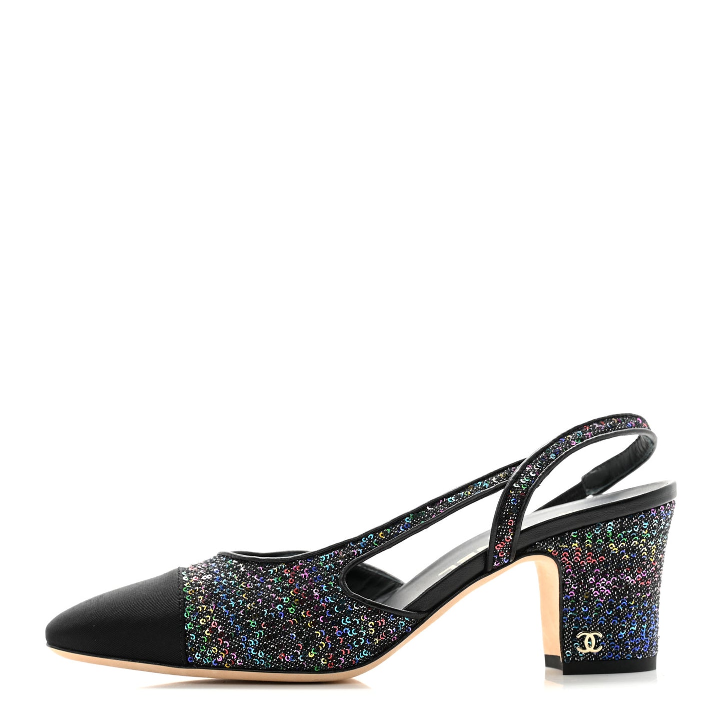 Glitter Grosgrain Cap Toe CC Slingback Pumps 38 Black Multicolor