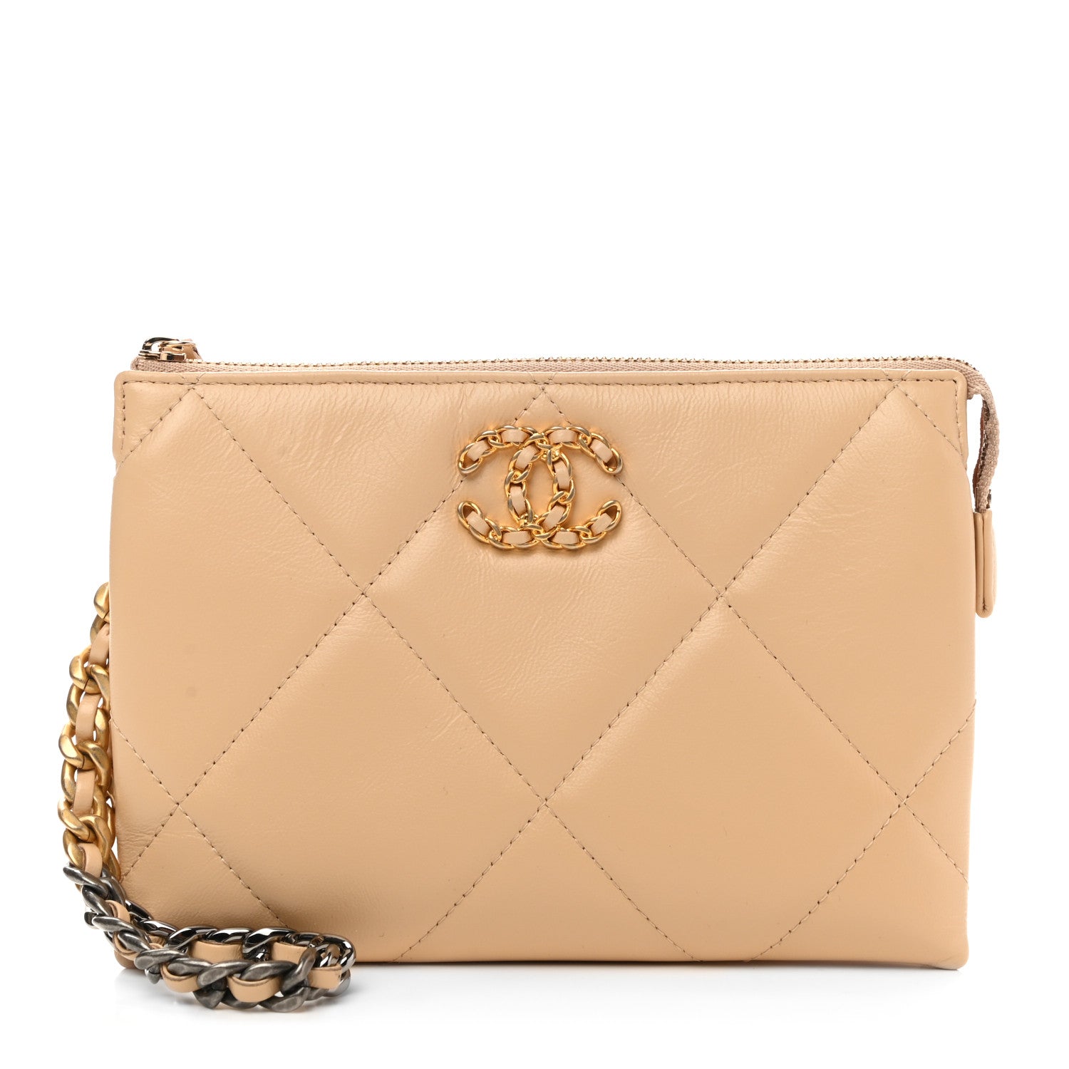 Chanel Shiny Goatskin Quilted Chanel 19 Small Pouch With Handle Beige 1 of 8