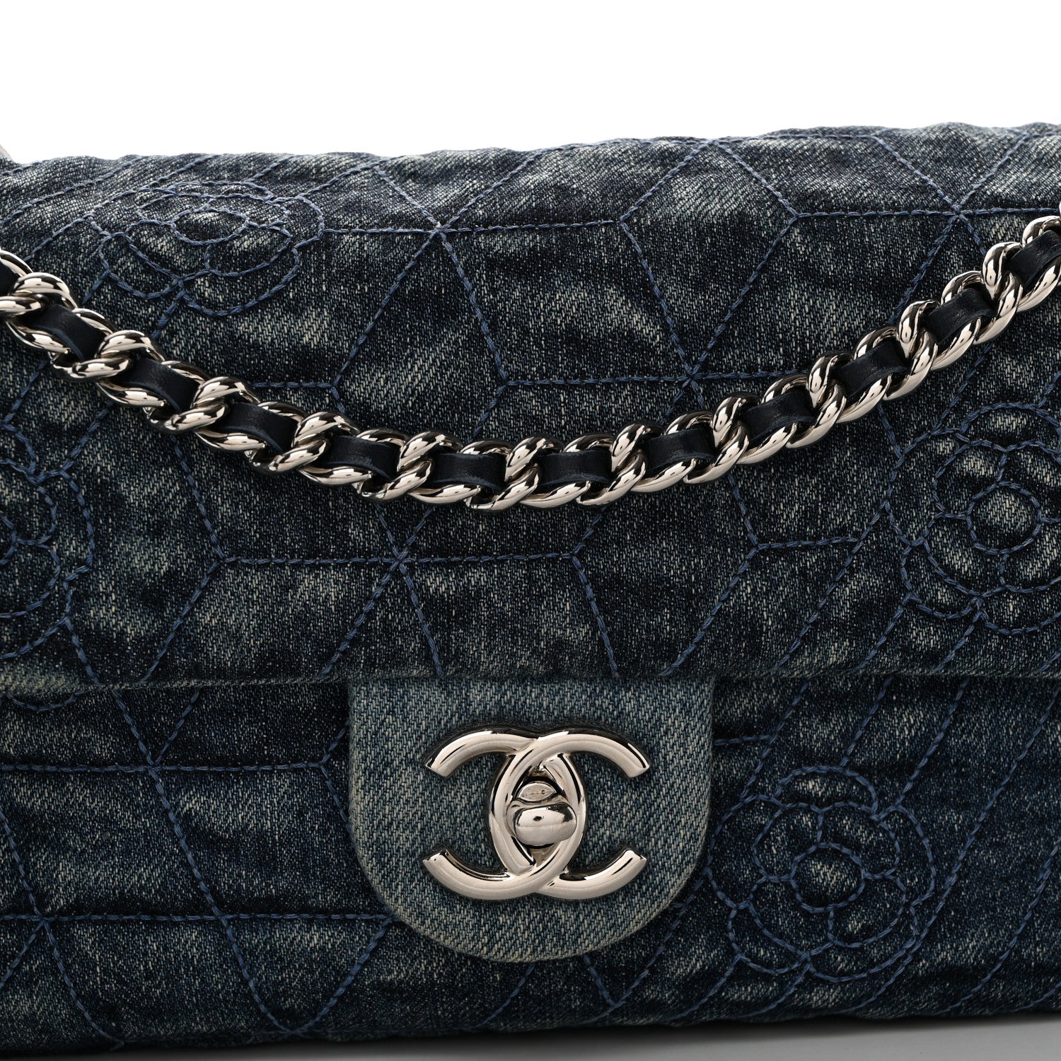 Chanel Denim Quilted Camellia Embroidered Medium Flap Blue 8 of 11