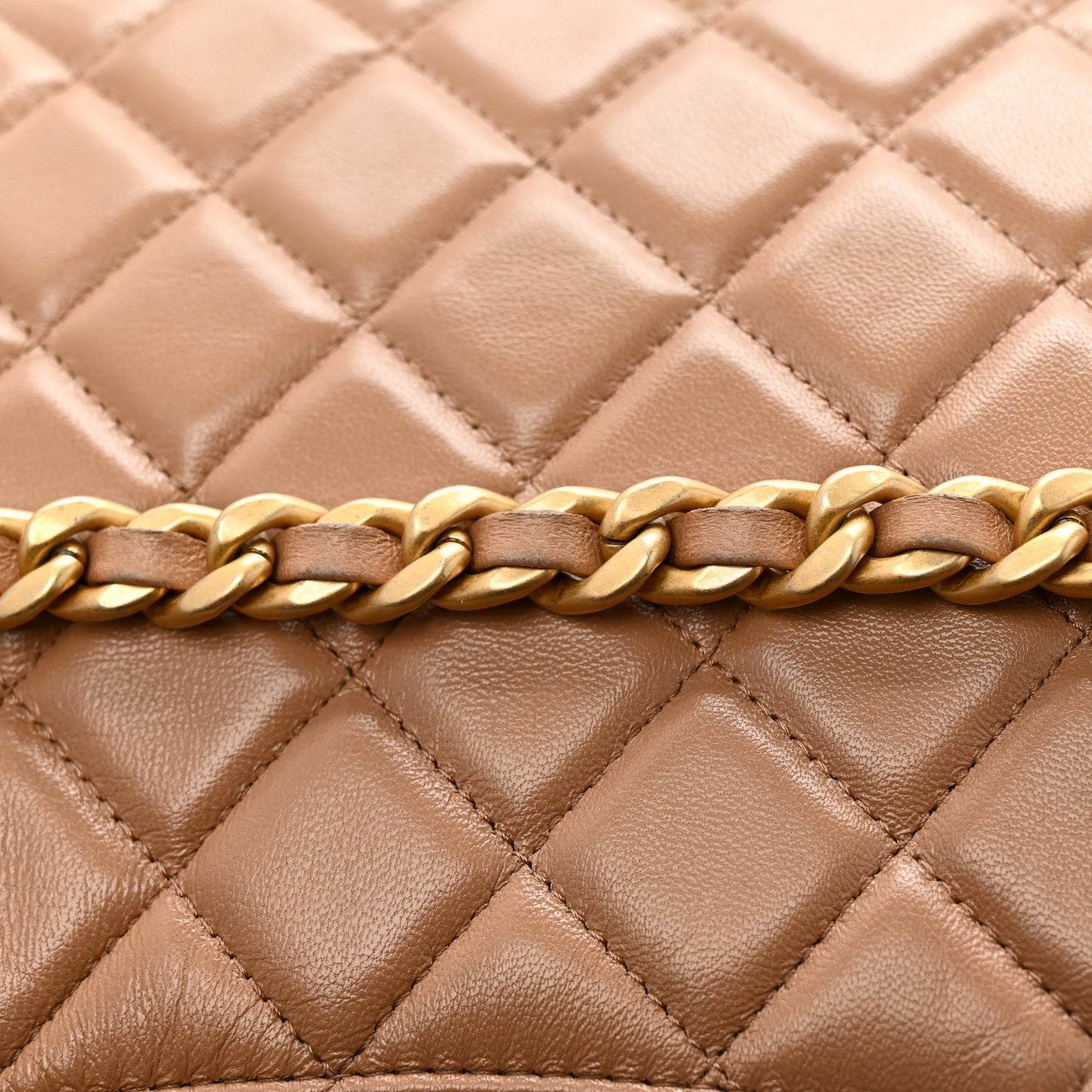 Shiny Crumpled Lambskin Quilted Large Trendy Chain Around Hobo Dark Beige