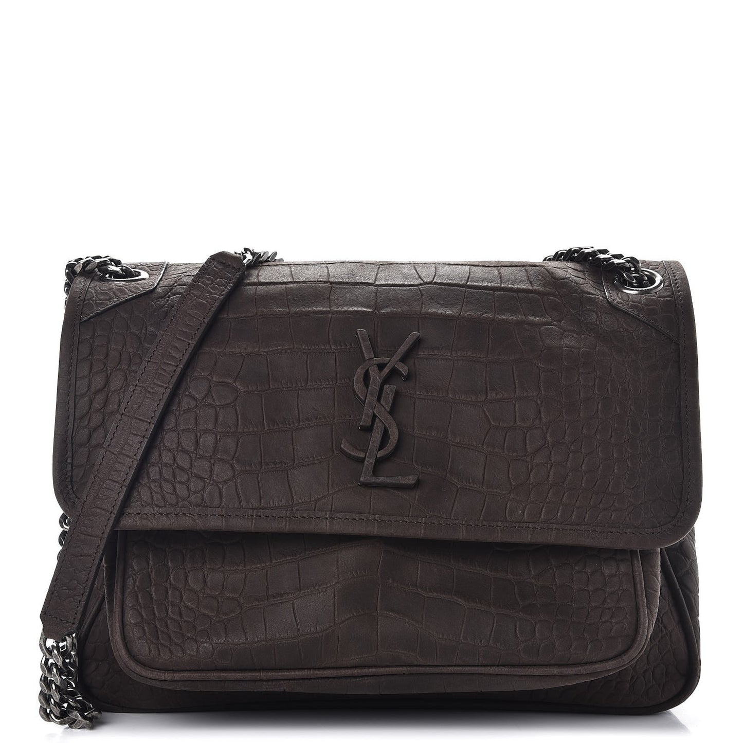 Nubuck Crocodile Embossed Monogram Medium Niki Chain Satchel Wood