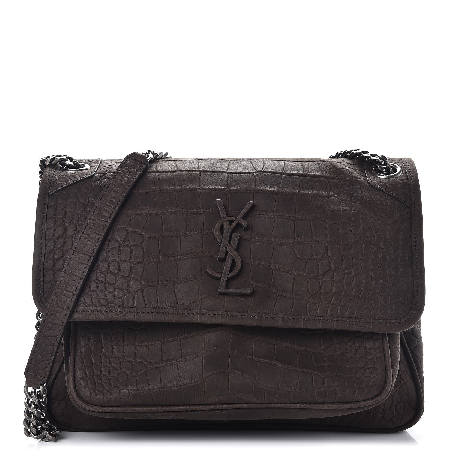 Saint Laurent Nubuck Crocodile Embossed Monogram Medium Niki Chain Satchel Wood 1 of 7