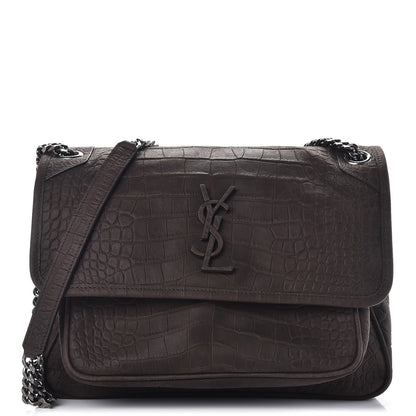 Saint Laurent Nubuck Crocodile Embossed Monogram Medium Niki Chain Satchel Wood 1 of 7