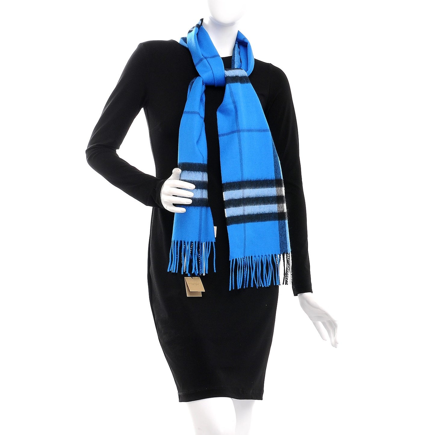 Cashmere Giant Check Fringe Scarf Bright Cornflower Blue
