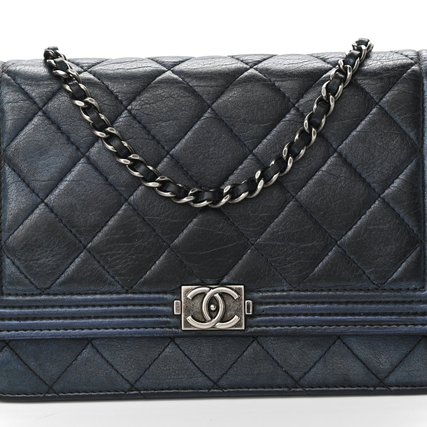 Metallic Calfskin Quilted Boy Wallet On Chain WOC Navy Blue