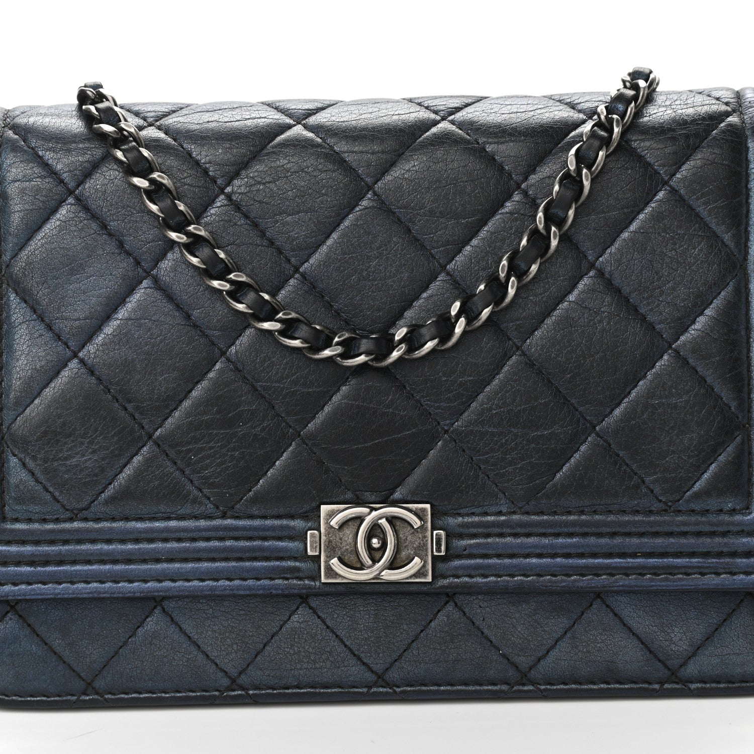 Chanel Metallic Calfskin Quilted Boy Wallet On Chain WOC Navy Blue 8 of 11