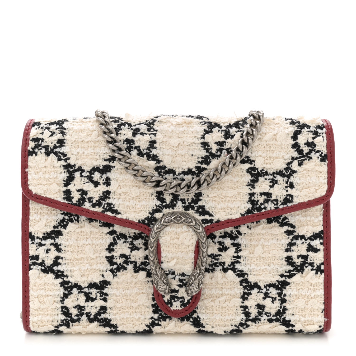 Gucci Tweed GG Monogram Mini Dionysus Chain Wallet White Black Romantic Cherry 1 of 11