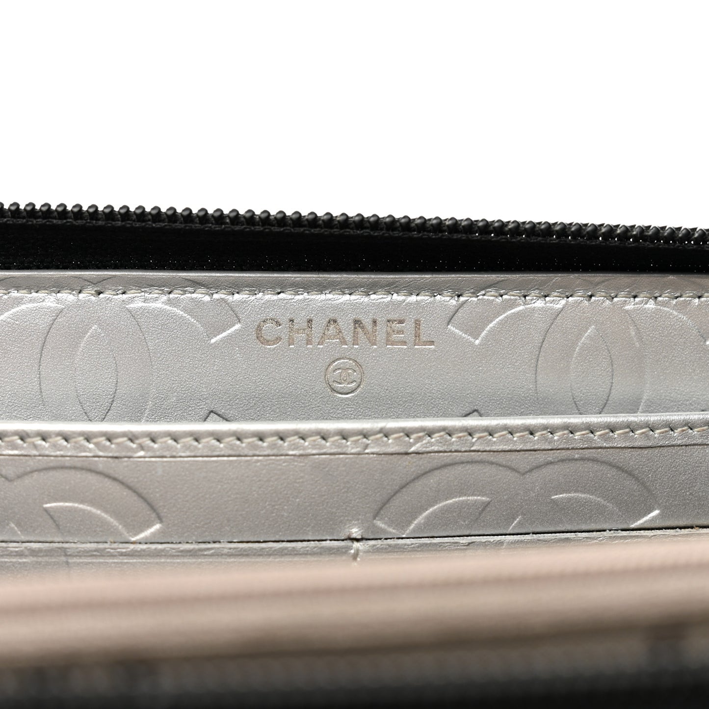 Calfskin Quilted Cambon Large Gusset Zip Around Wallet Black Silver
