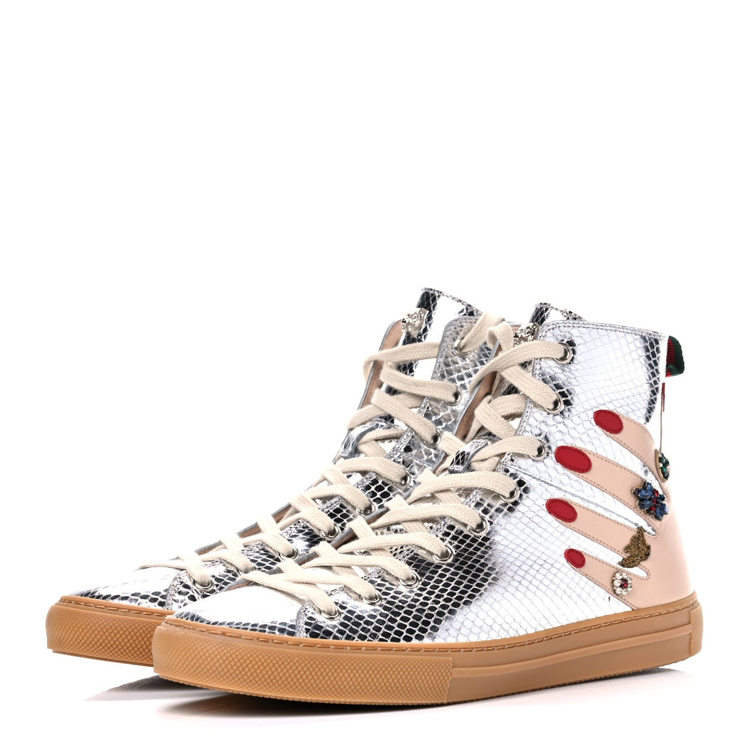 Gucci Calfskin Snake Embossed Embellished High Top Sneakers 41 Silver 4 of 12