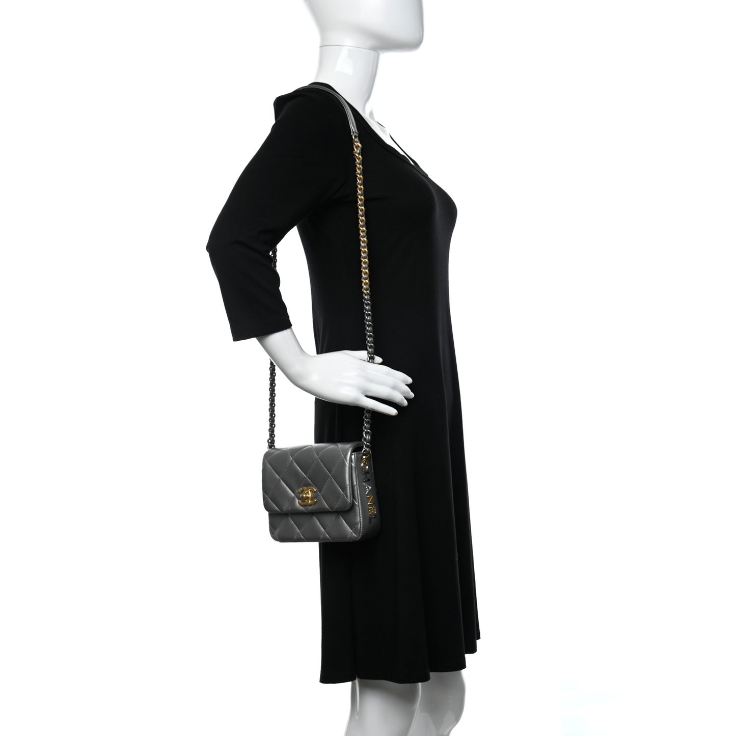 Metallic Lambskin Quilted Mini Side Note Flap Grey