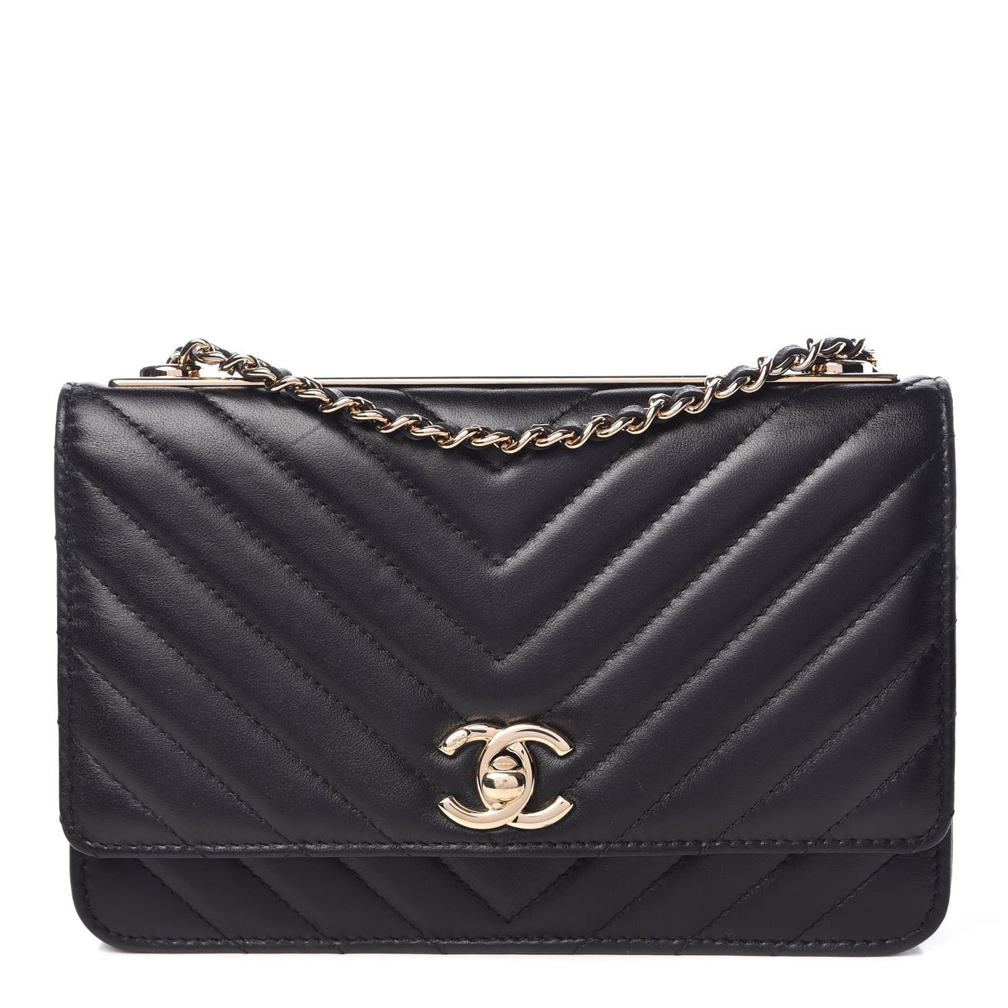 Lambskin Chevron Quilted Trendy CC Wallet On Chain WOC Black
