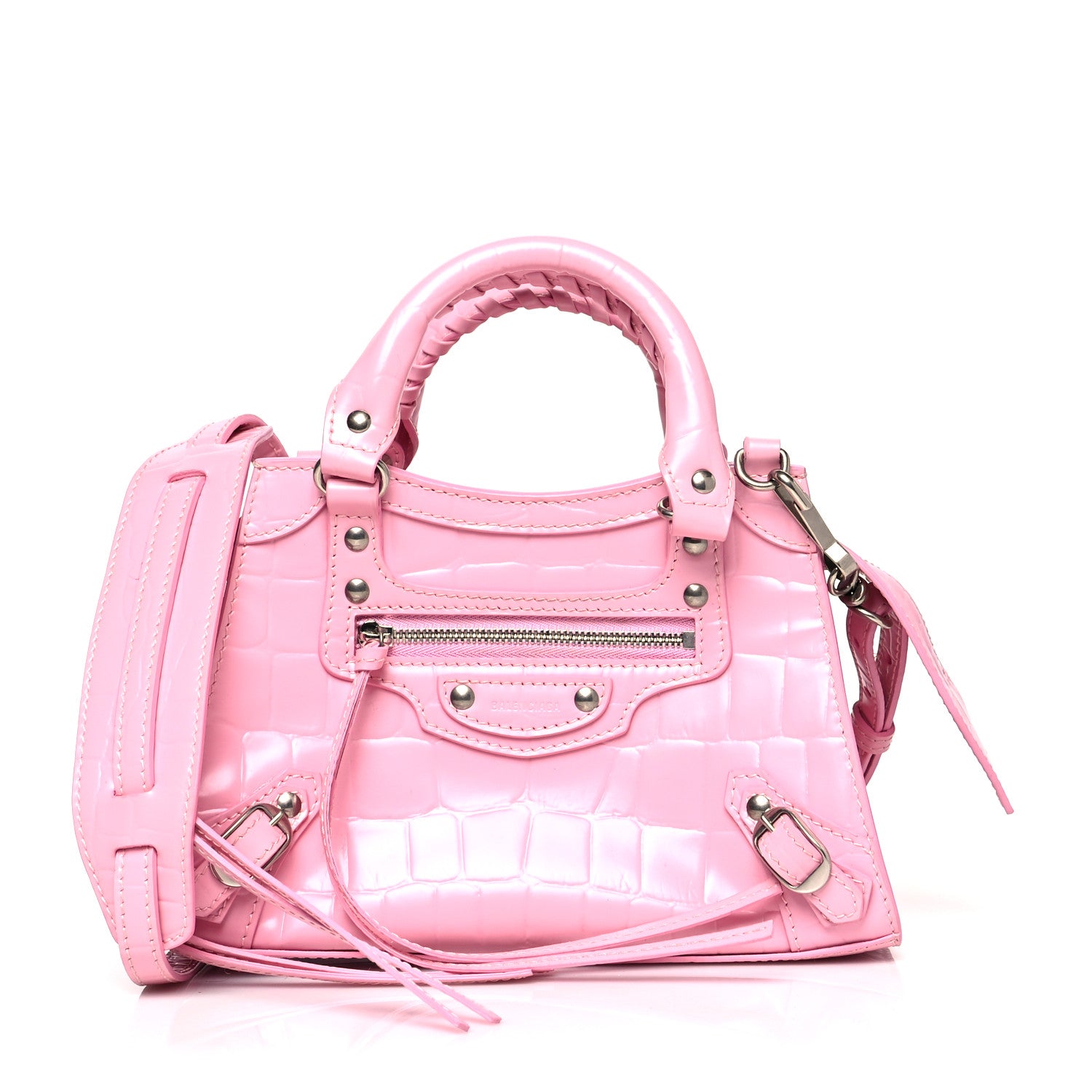 Balenciaga Semi Shiny Calfskin Crocodile Embossed Neo Classic Silver Hardware Mini City Pink 1 of 9