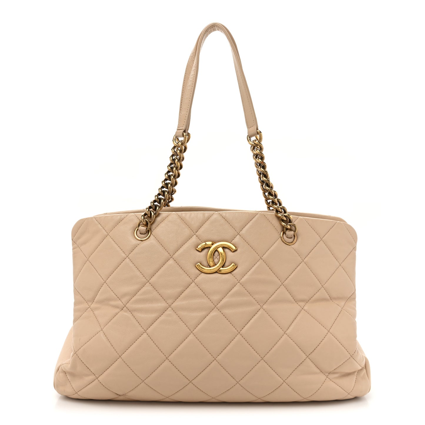Calfskin Quilted Large CC Crown Tote Beige