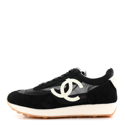 Chanel Mesh Suede Calfskin Womens Logo Sneakers 38 Black White 1 of 9