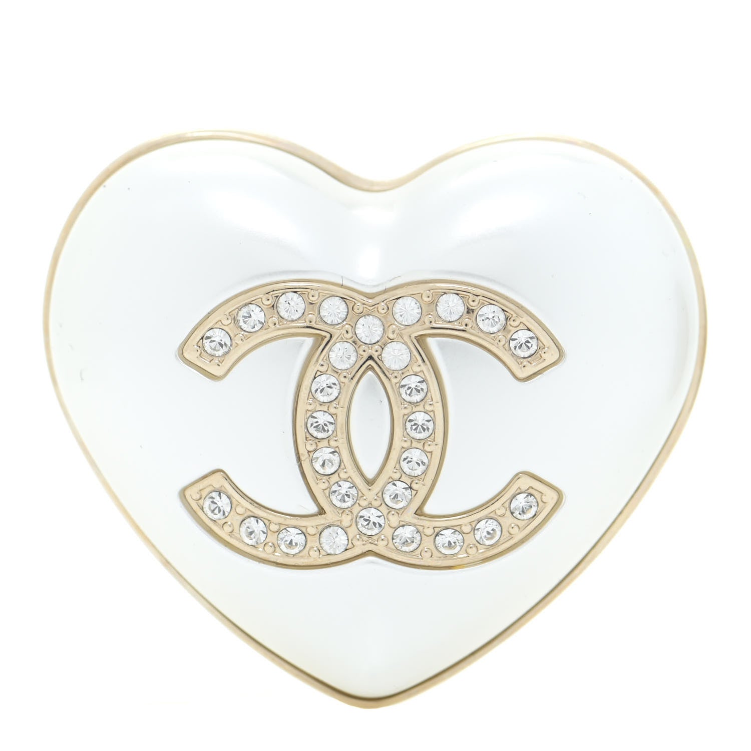 Chanel Resin Crystal CC Heart Brooch Pearly White Gold 1 of 5