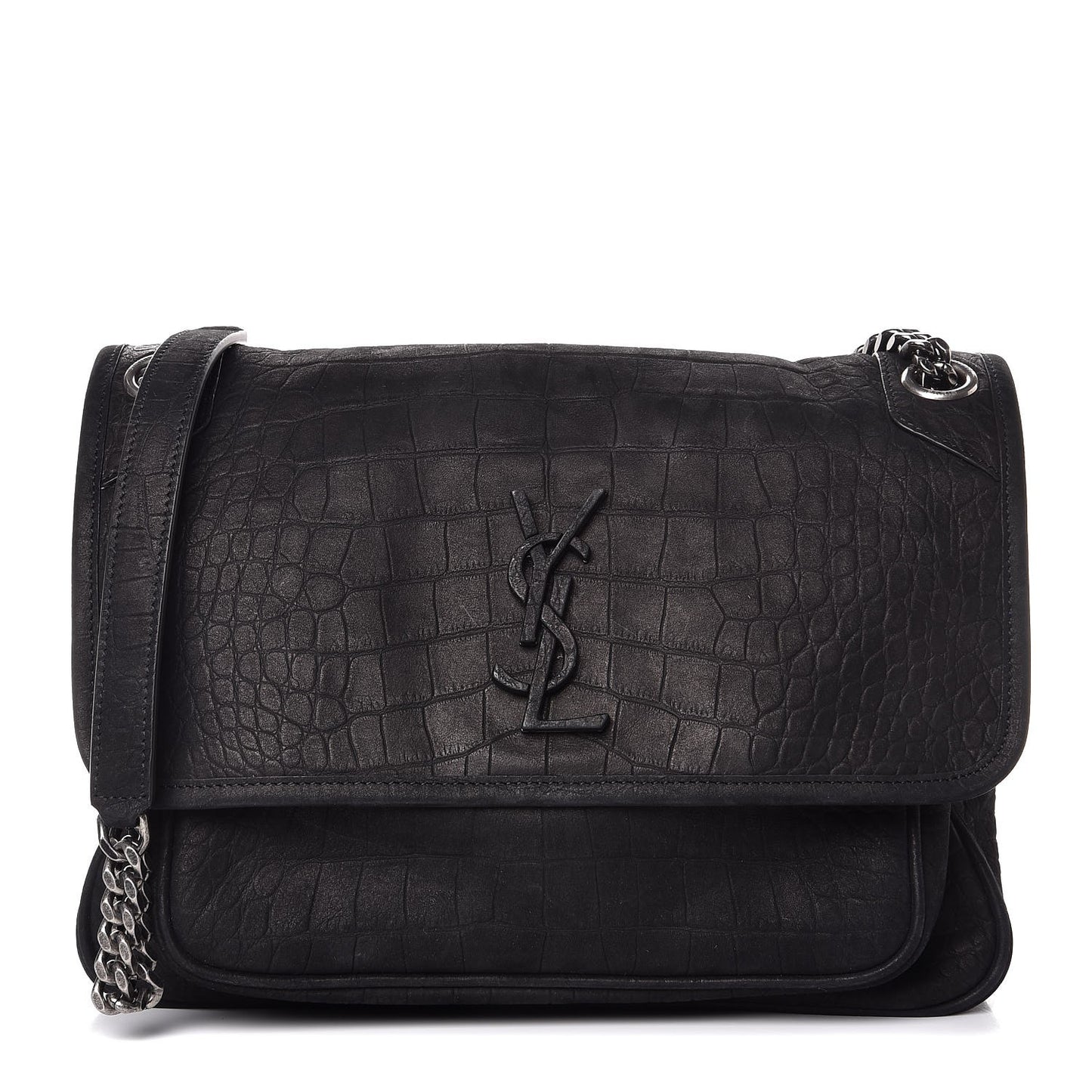 Nubuck Crocodile Embossed Monogram Medium Niki Chain Satchel Black
