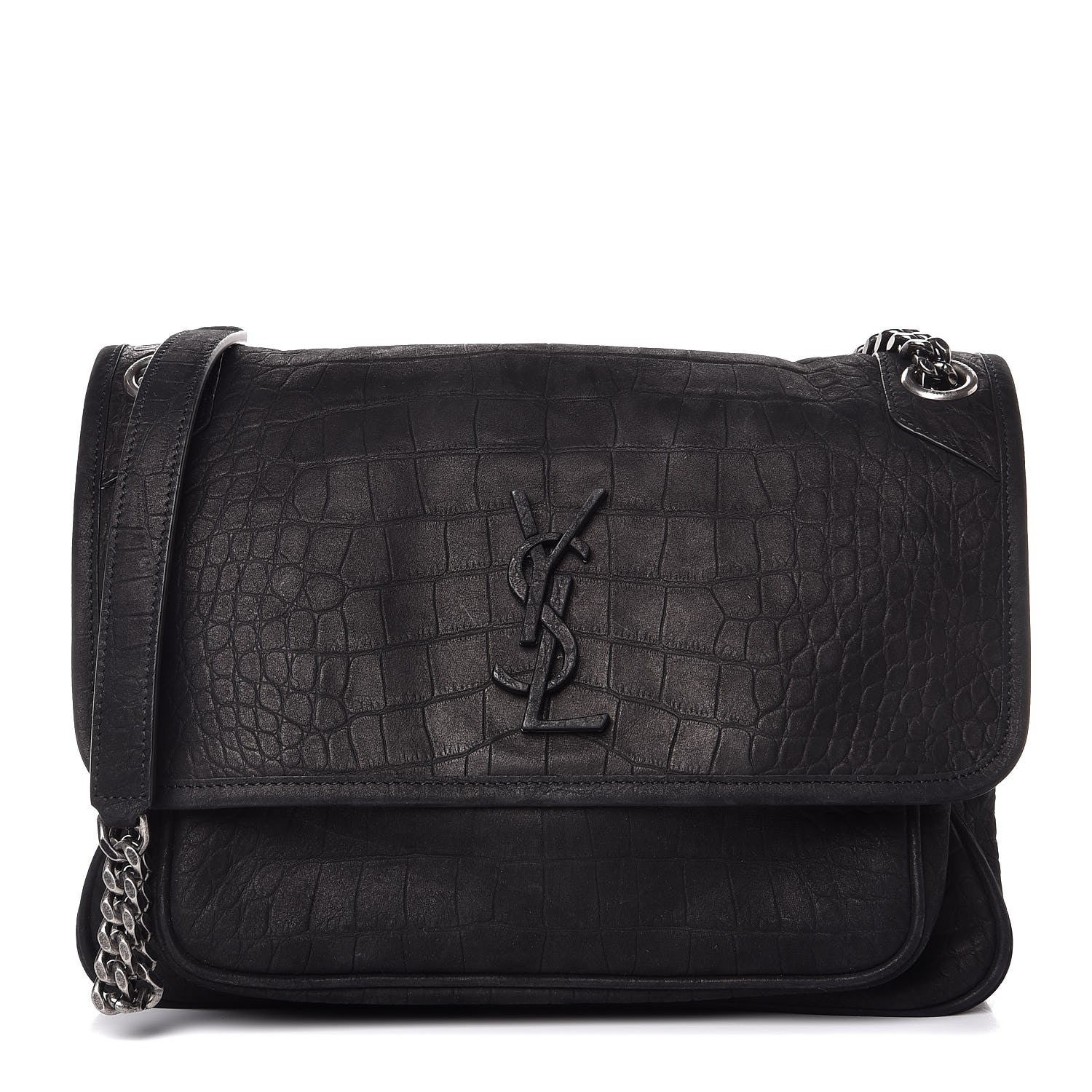 Saint Laurent Nubuck Crocodile Embossed Monogram Medium Niki Chain Satchel Black 1 of 8