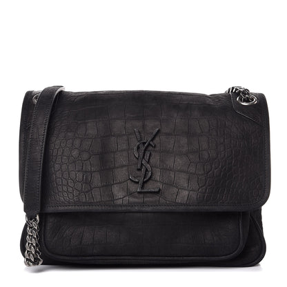 Saint Laurent Nubuck Crocodile Embossed Monogram Medium Niki Chain Satchel Black 1 of 8