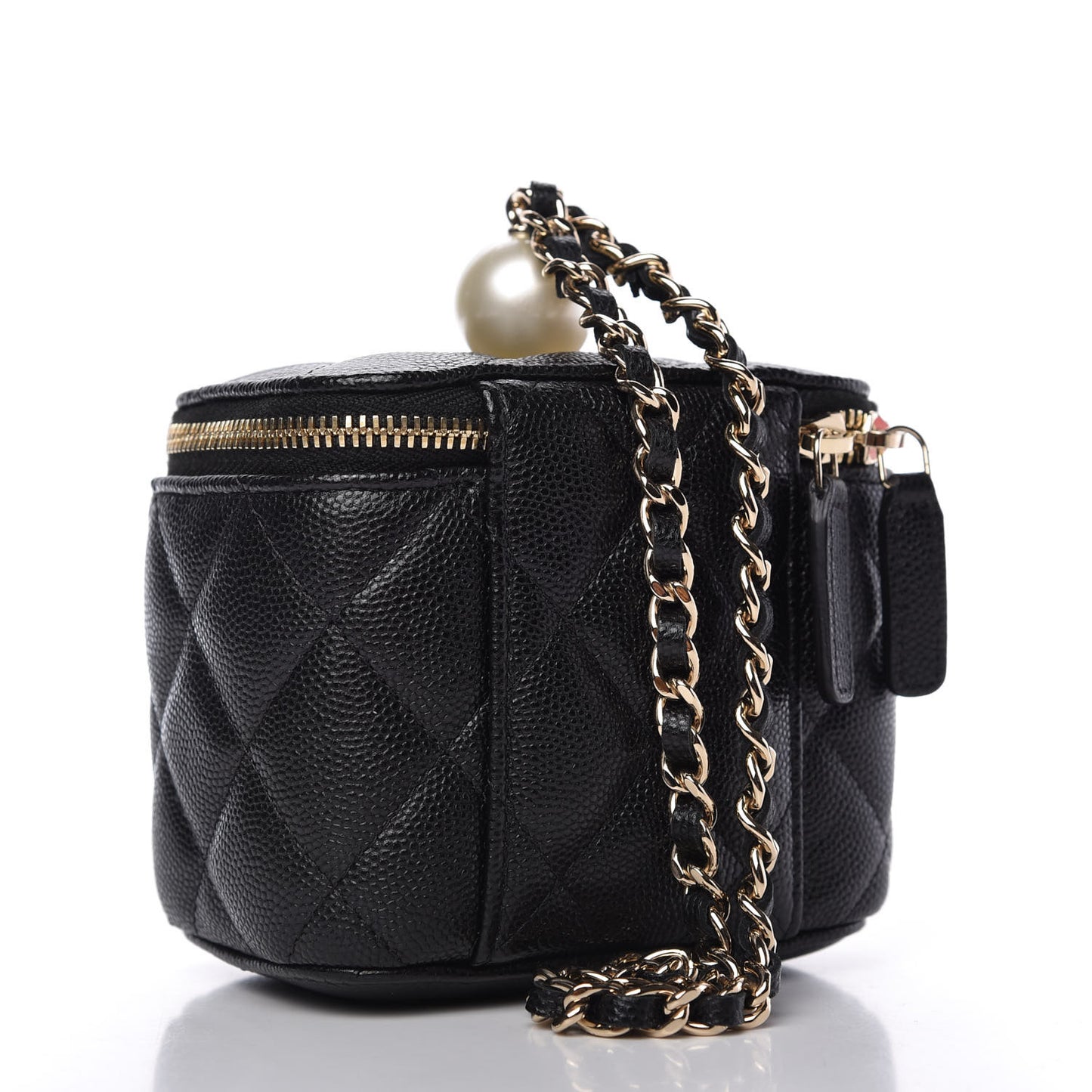 Caviar Quilted Mini Pearl On Top Vanity Case With Chain Black