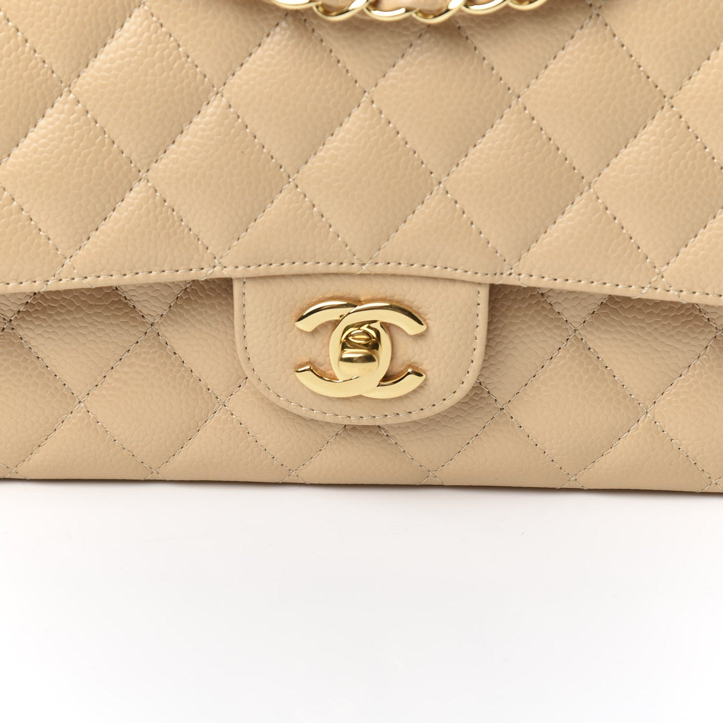 Caviar Quilted Medium Double Flap Beige