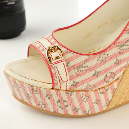 Louis Vuitton Mini Lin Croisette Anemone Wedges Sandals 38 Red 6 of 9