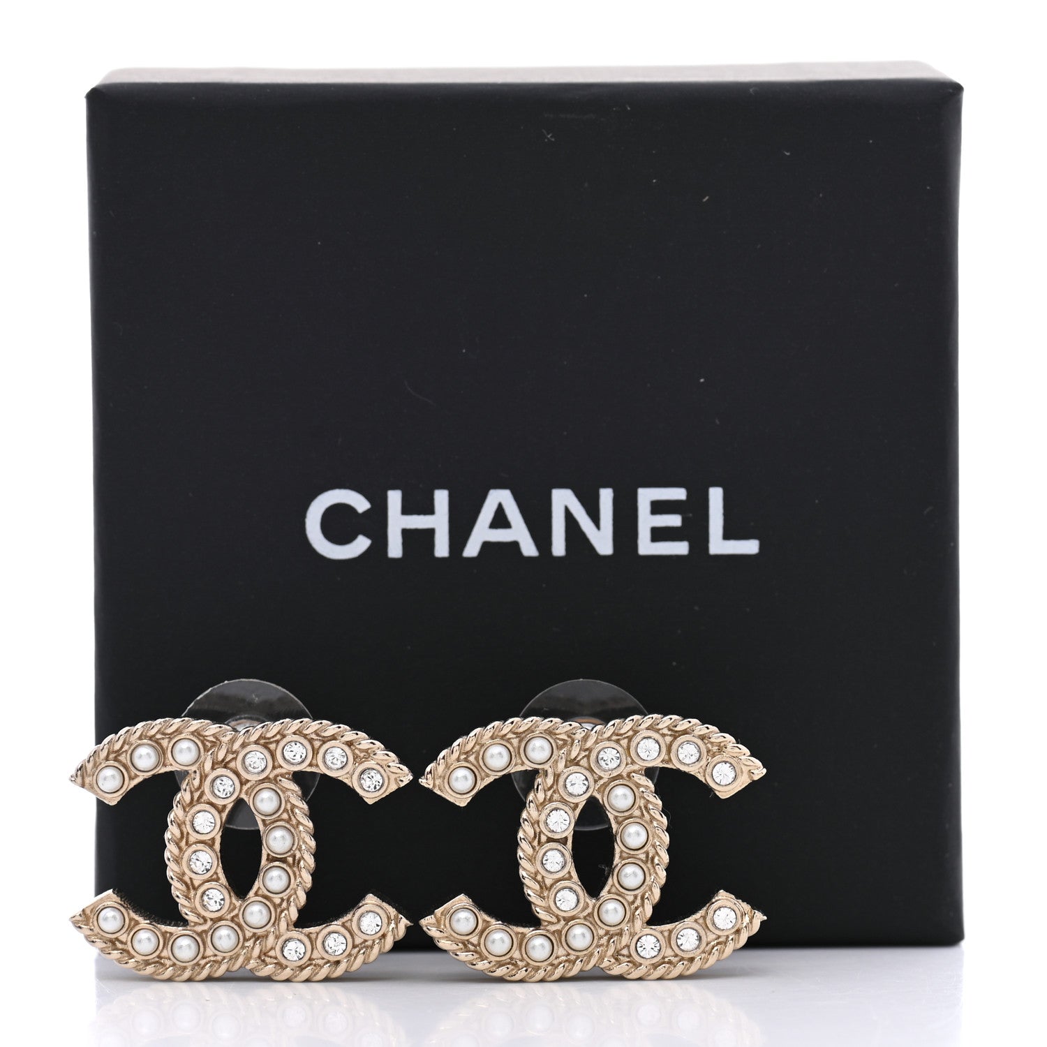 Chanel Pearl Crystal CC Earrings Light Gold 5 of 5