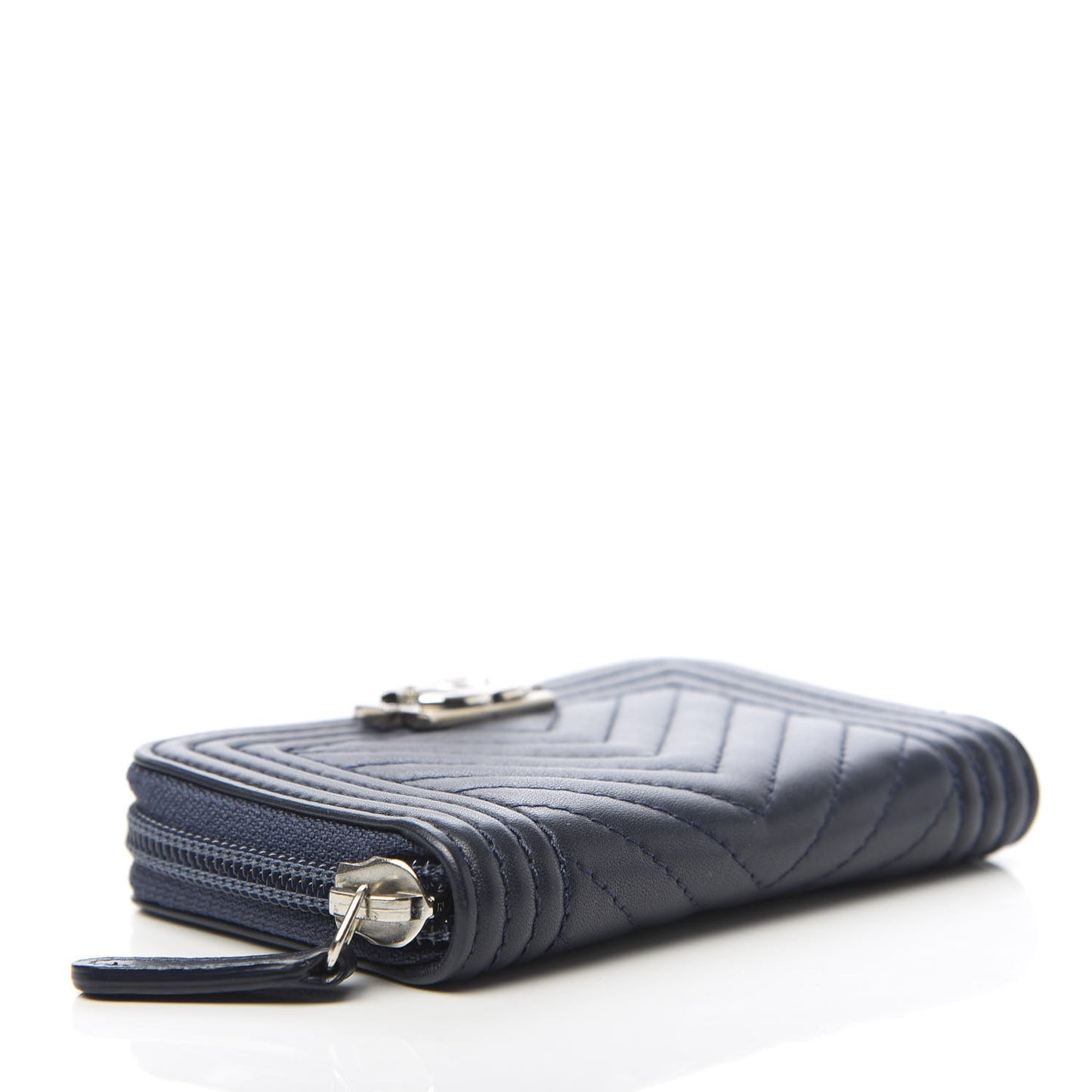 Calfskin Chevron Zip Around Boy Coin Purse Wallet Dark Navy