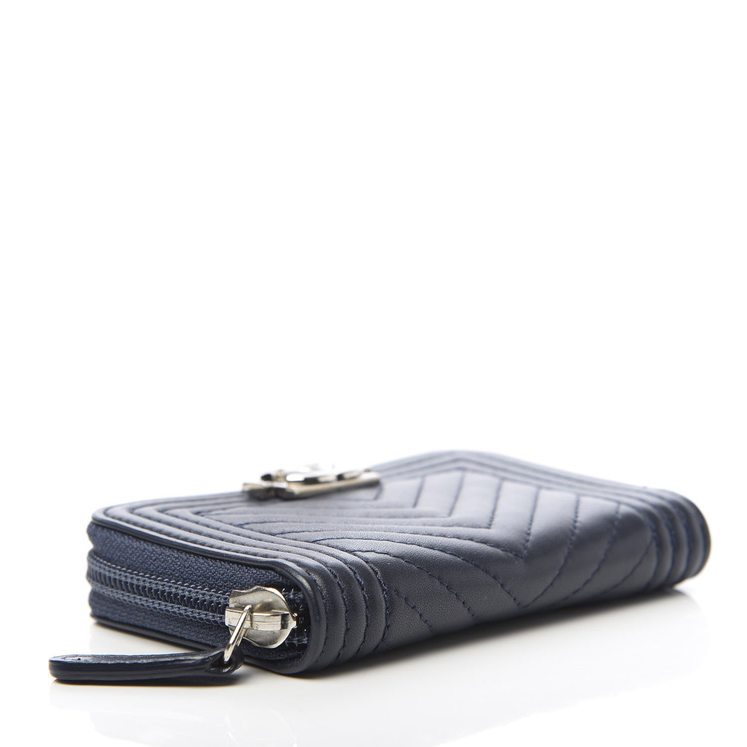 Chanel Calfskin Chevron Zip Around Boy Coin Purse Wallet Dark Navy 4 of 7