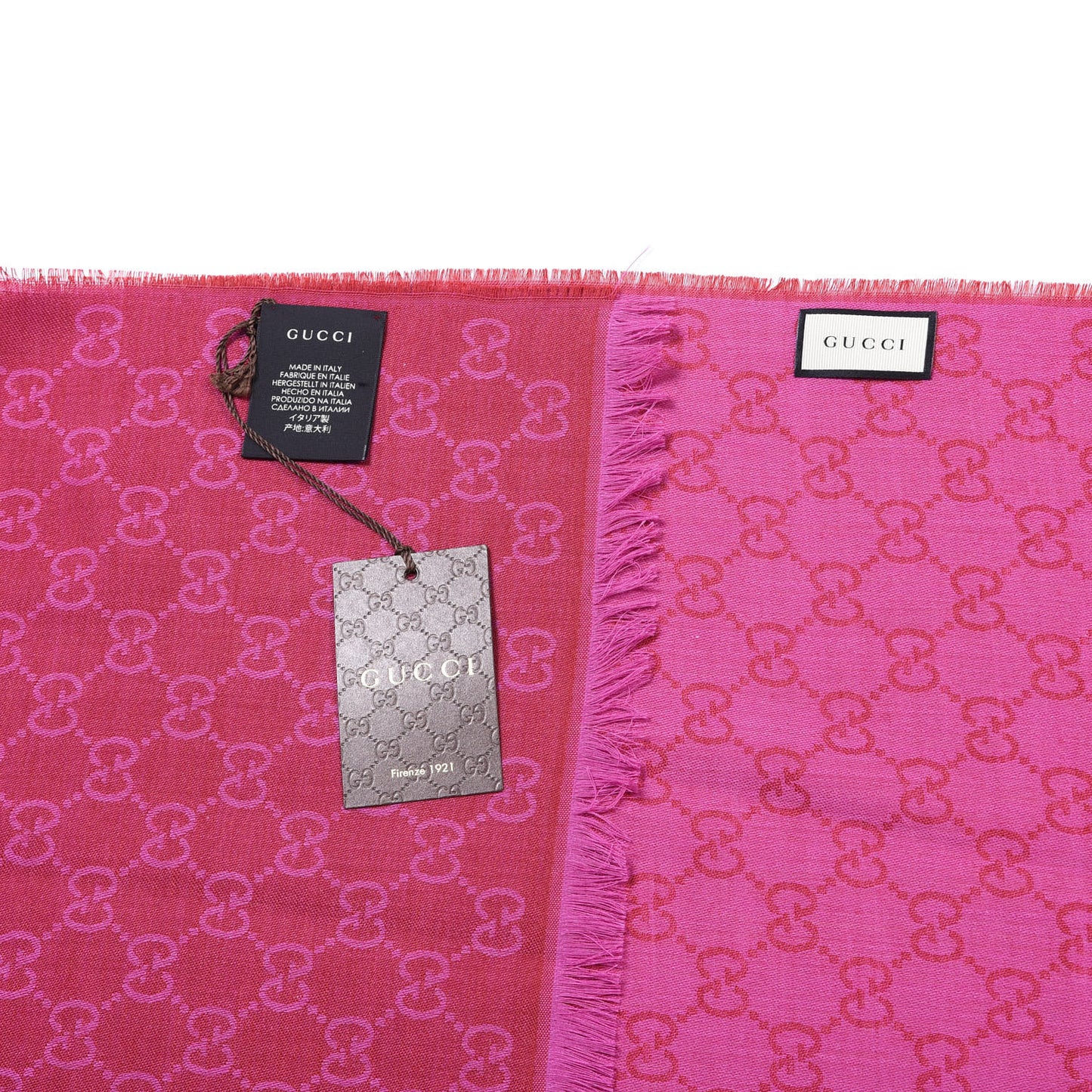 Wool Silk GG Monogram GGWeblong Fringe Scarf Shawl Red Pink