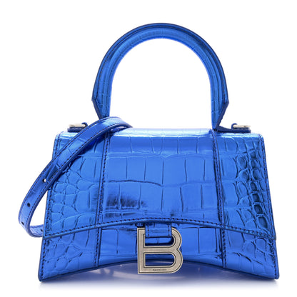 Balenciaga Metallic Shiny Calfskin Crocodile Embossed Hourglass Top Handle Bag XS Royal Blue 1 of 13
