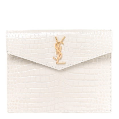 Saint Laurent Calfskin Crocodile Embossed Monogram Uptown Baby Pouch Perle 1 of 7