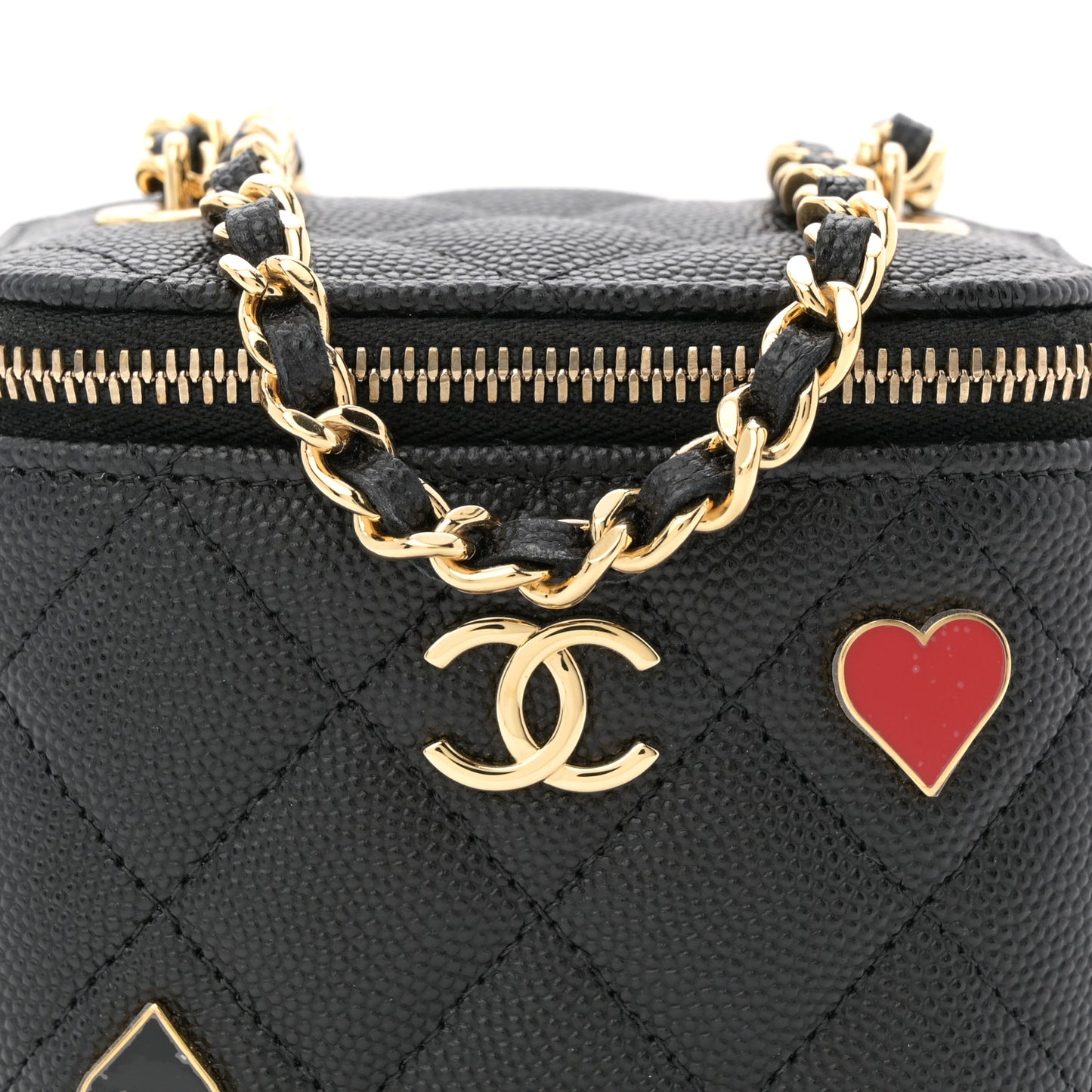 Caviar Quilted Enamel Coco Casino Mini Vanity Case With Chain Black