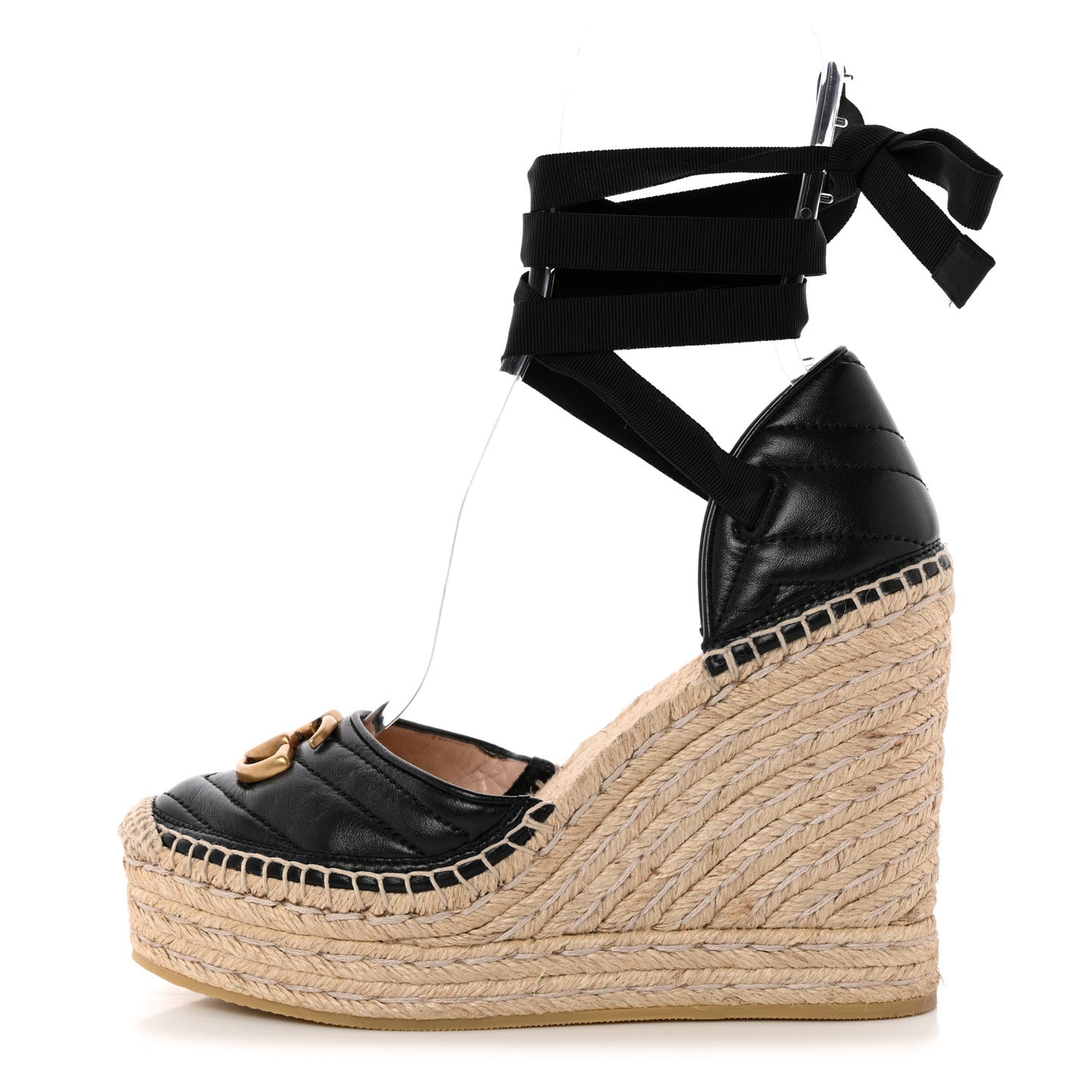 Nappa Matelasse GG Marmont Ankle Wrap Platform 35/120mm Espadrille Wedges 38.5 Black