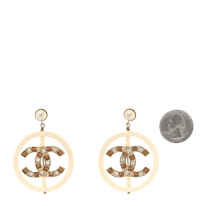 Chanel Resin Crystal Baguette Pearl CC Drop Hoop Earrings Gold White 2 of 5