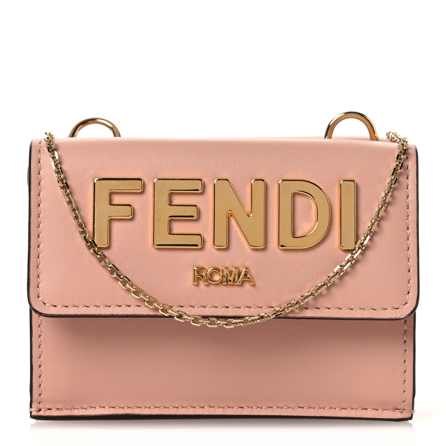 Vitello Kyoto Metal Fendi Roma Logo Micro Trifold Wallet with Chain Light Rose