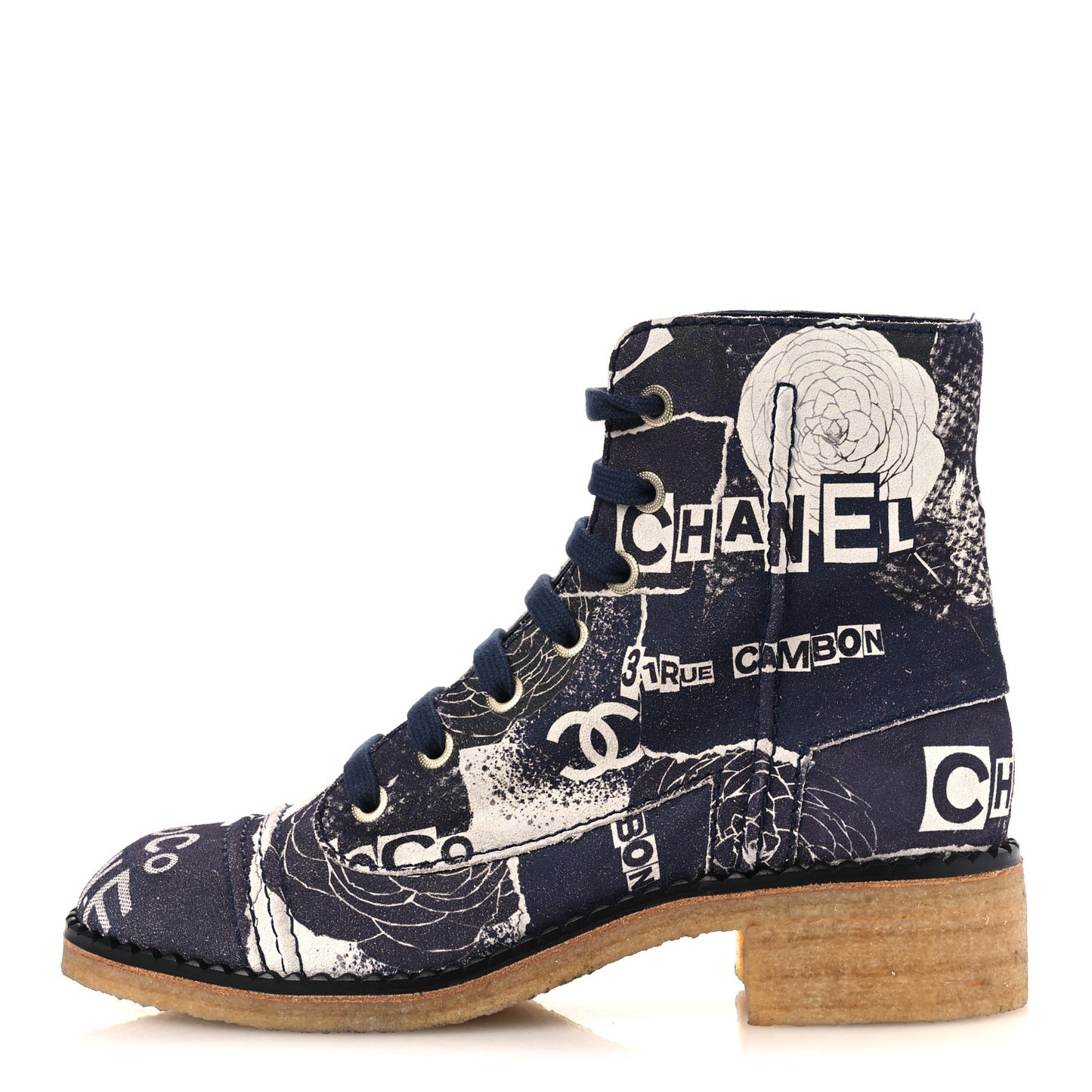 Suede Calfskin Printed CC 31 Rue Cambon Lace Up Combat Boots 39.5 White Navy