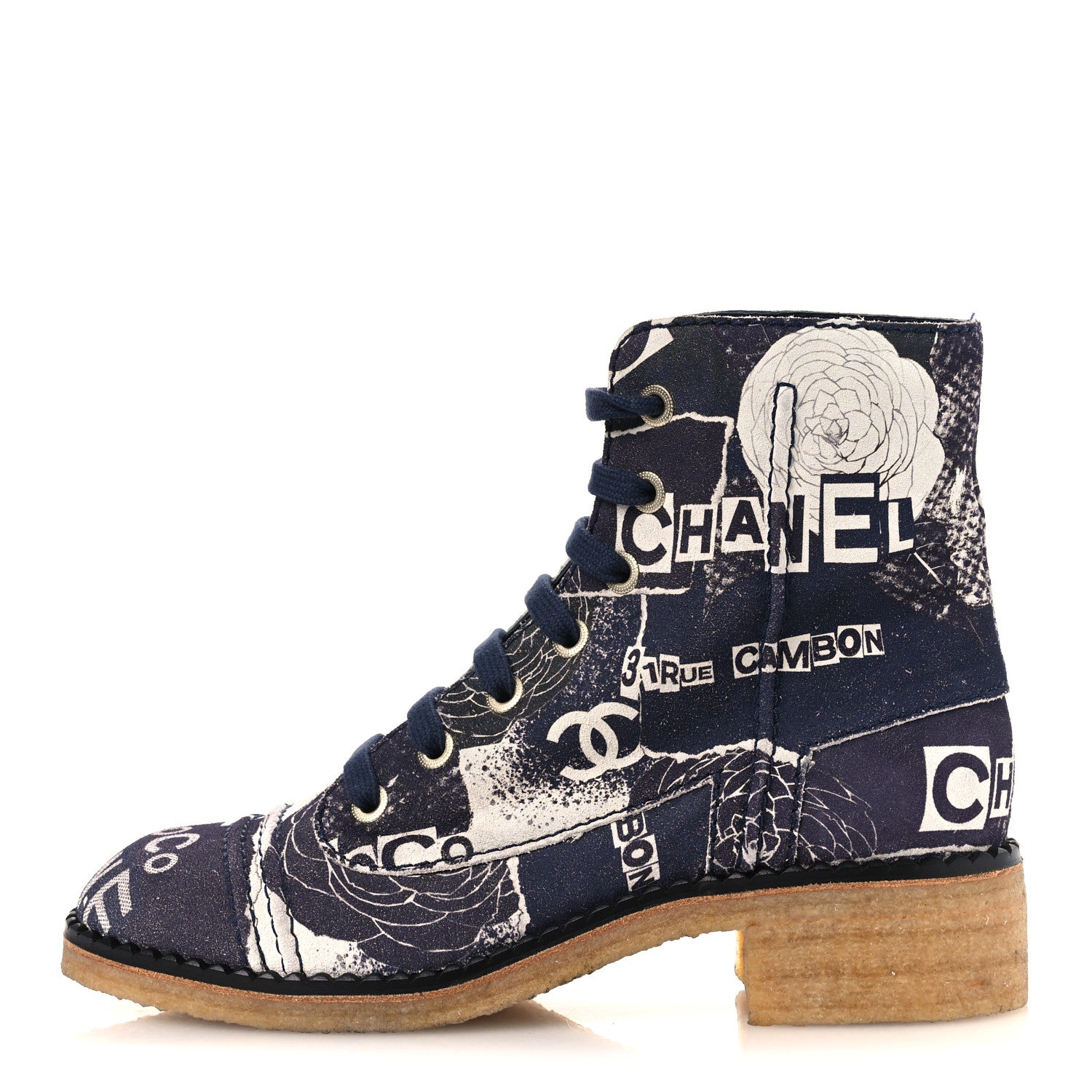 Chanel Suede Calfskin Printed CC 31 Rue Cambon Lace Up Combat Boots 39.5 White Navy 1 of 12