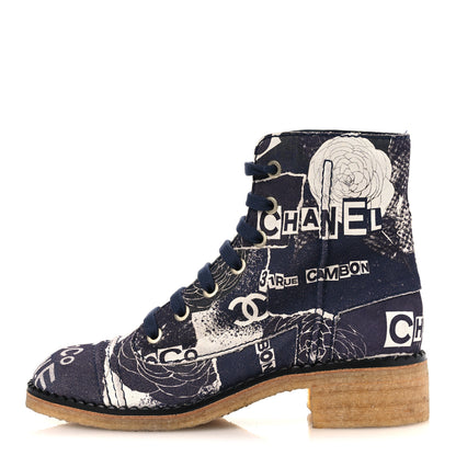 Chanel Suede Calfskin Printed CC 31 Rue Cambon Lace Up Combat Boots 39.5 White Navy 1 of 12