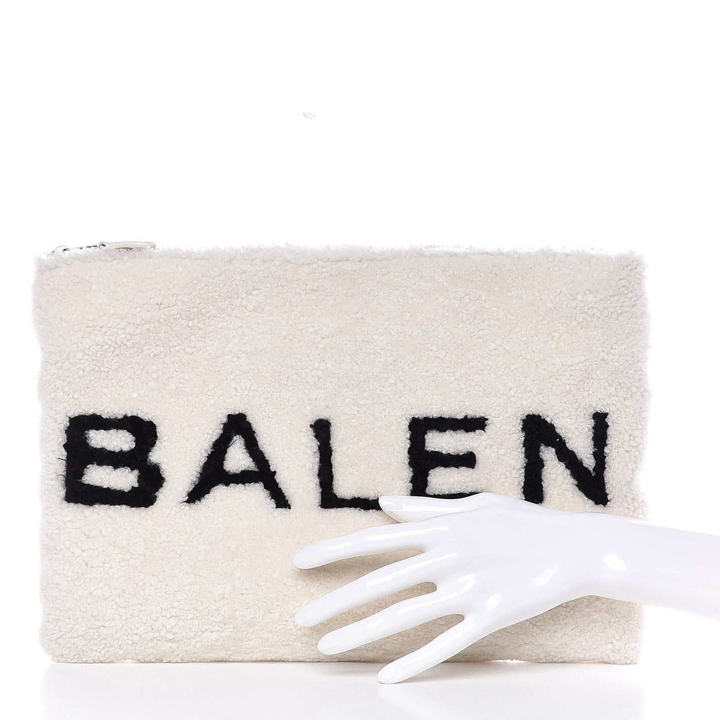 Sheepskin Shearling Contrasted Logo Large Zip Pouch White Black