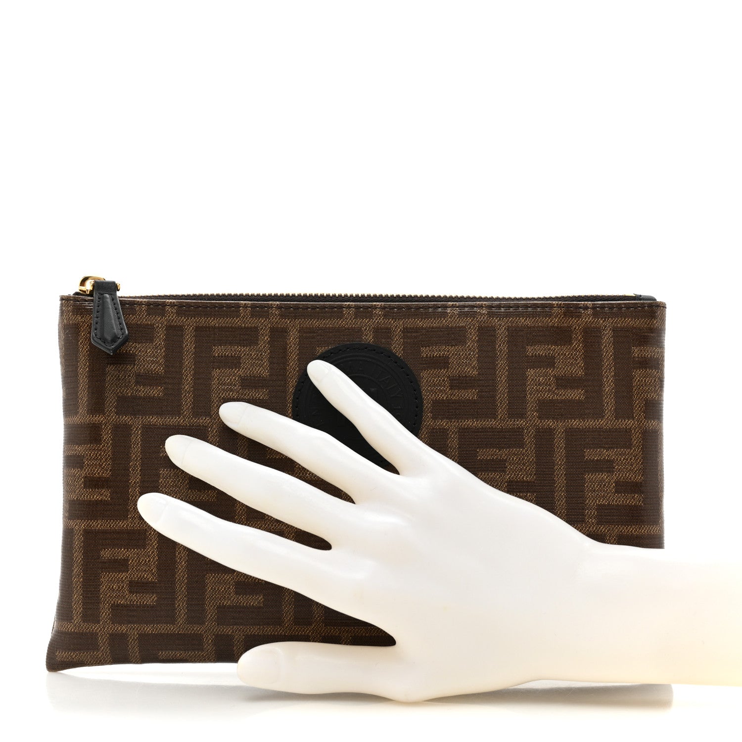 Fendi Glazed Fabric Vitello Century FF 1974 Stamp Patch Small FFreedom Flat Pouch Mogano Panna Black 2 of 9