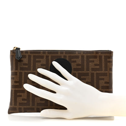 Fendi Glazed Fabric Vitello Century FF 1974 Stamp Patch Small FFreedom Flat Pouch Mogano Panna Black 2 of 9