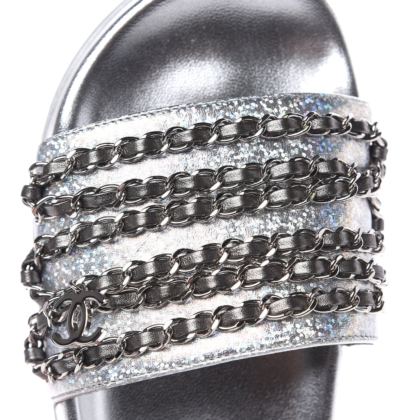 Metallic Lambskin Chain Flat Sandals 38 Silver