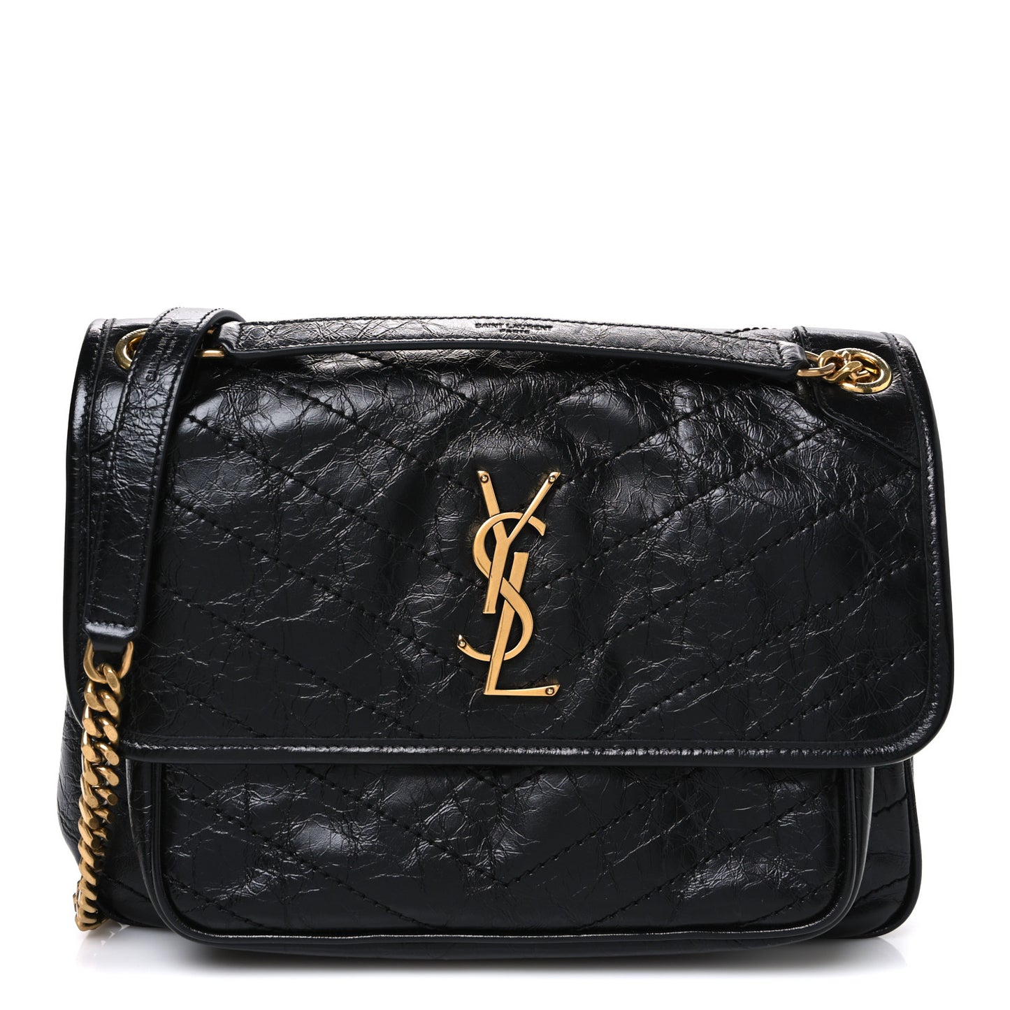 Crinkled Calfskin Matelasse Monogram Medium Niki Chain Satchel Black