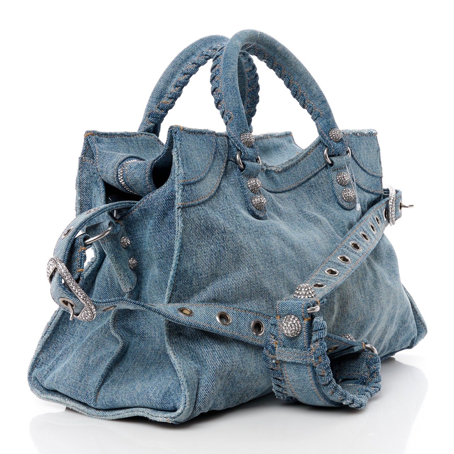 Washed Frayed Denim Crystal Neo Cagole City Handbag Blue