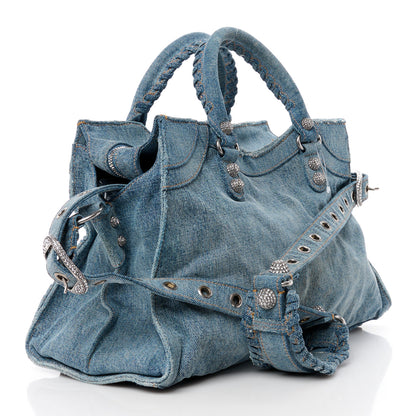 Balenciaga Washed Frayed Denim Crystal Neo Cagole City Handbag Blue 3 of 14