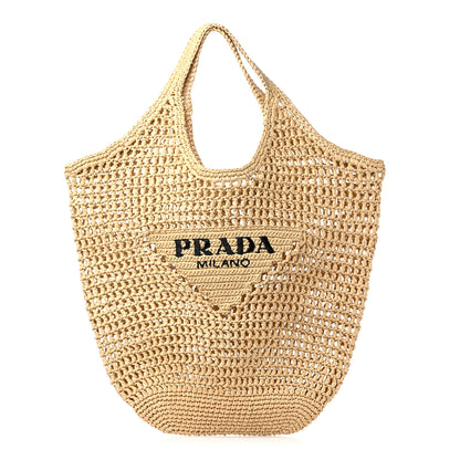 Prada Yarn Raffia Effect Crochet Logo Embroidered Shopping Tote Bag Naturale 1 of 10