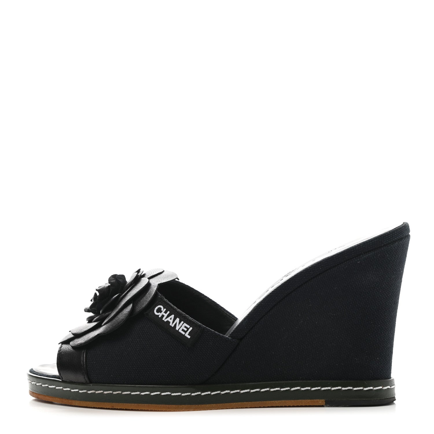 Chanel Canvas Camellia Wedge Sandals 36.5 Black 1 of 9