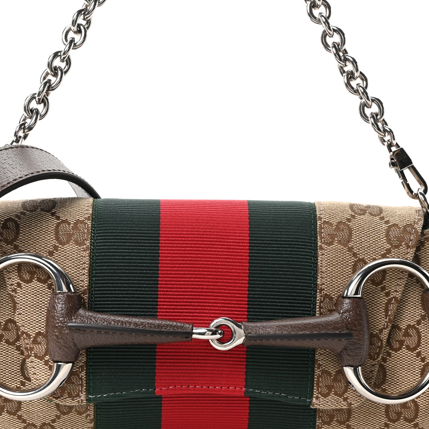 Gucci Monogram Textured Dollar Calfskin Heavy Grosgrain Web Small Maxi Horsebit Chain Shoulder Bag Beige Ebony New Acero 7 of 9