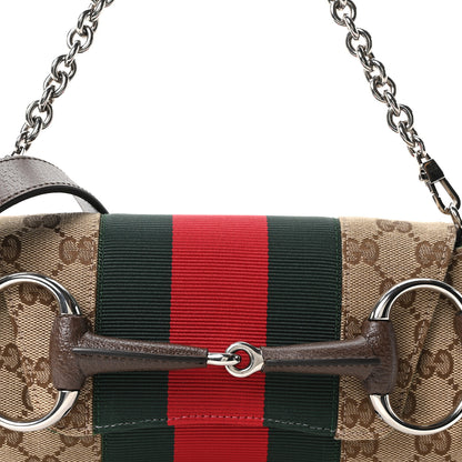 Gucci Monogram Textured Dollar Calfskin Heavy Grosgrain Web Small Maxi Horsebit Chain Shoulder Bag Beige Ebony New Acero 7 of 9
